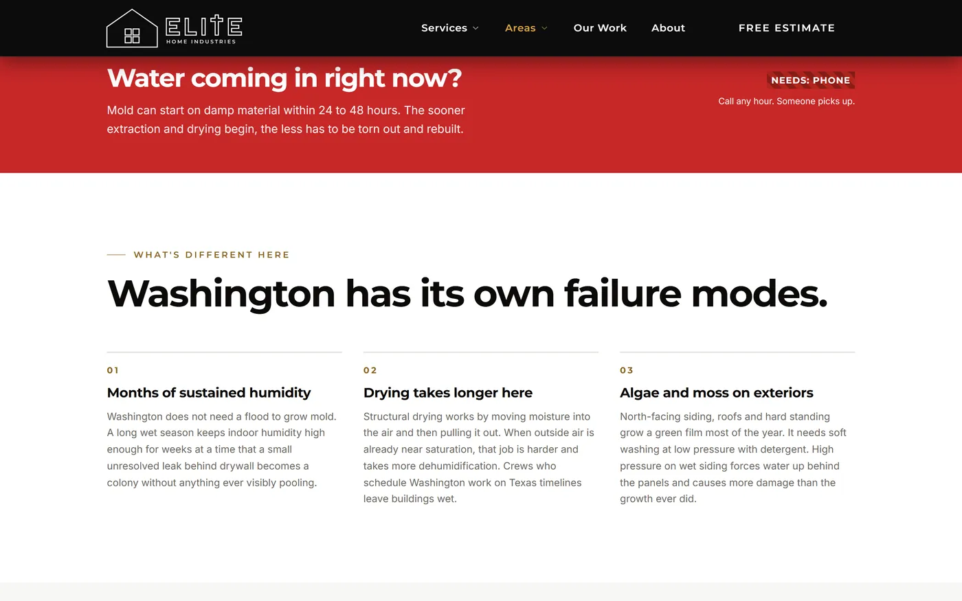 A Washington service area page explaining the local failure modes for damp, with a NEEDS: PHONE marker in the emergency band.