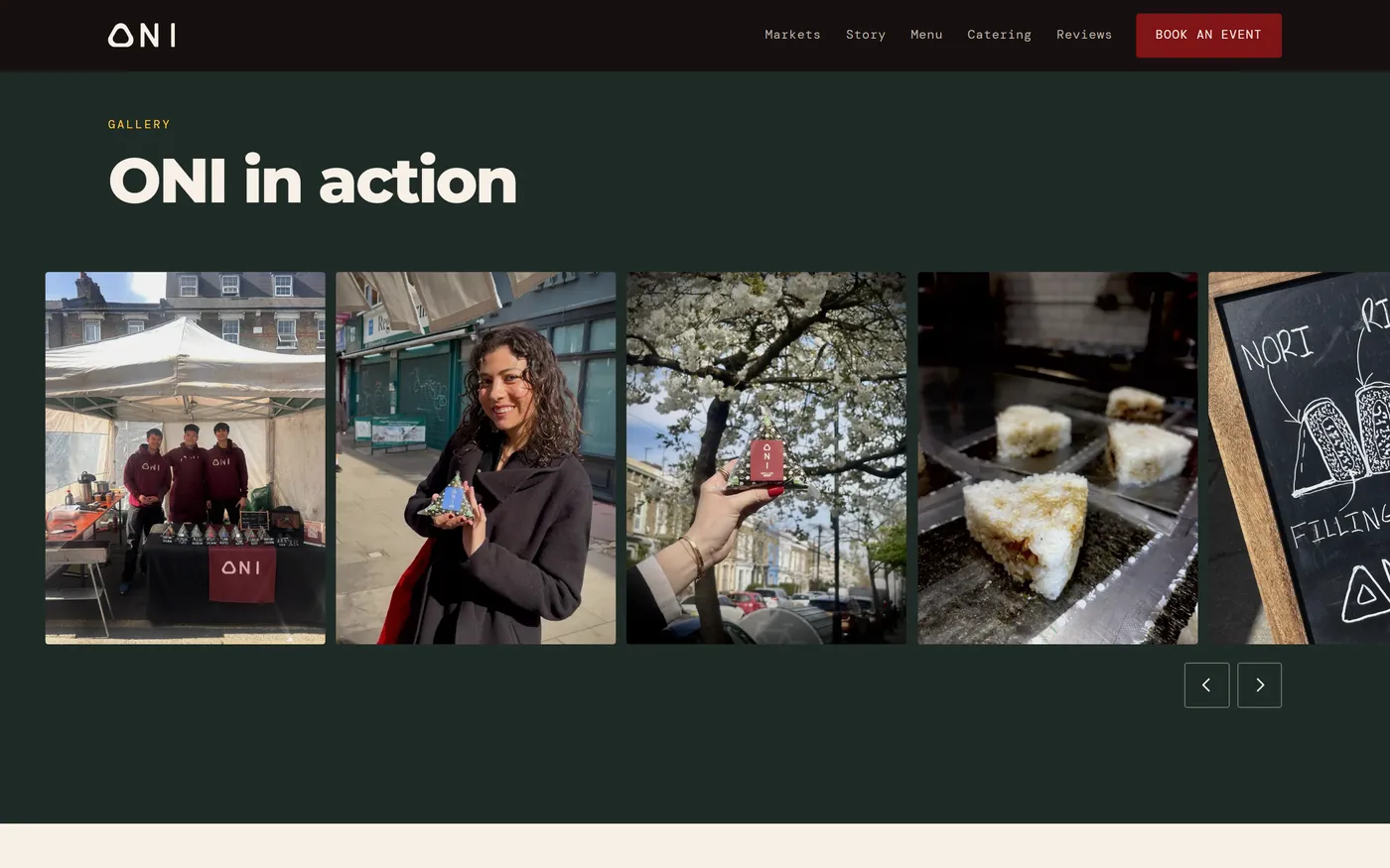 The ONI photo reel: a full bleed horizontal strip of food and market photographs.