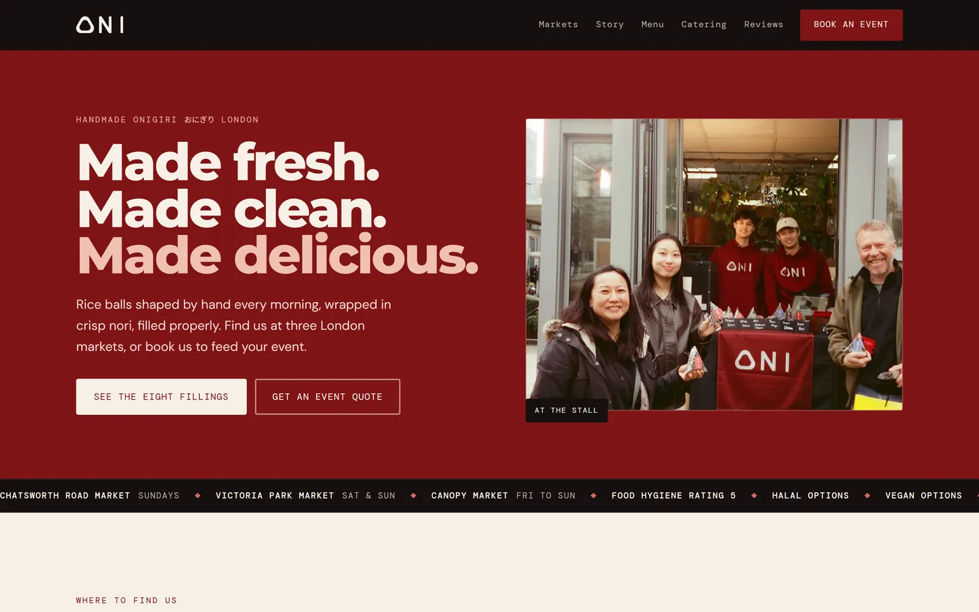 The ONI homepage: a deep crimson hero with the headline Made fresh, Made clean, Made delicious beside a photograph of the team at their market stall.