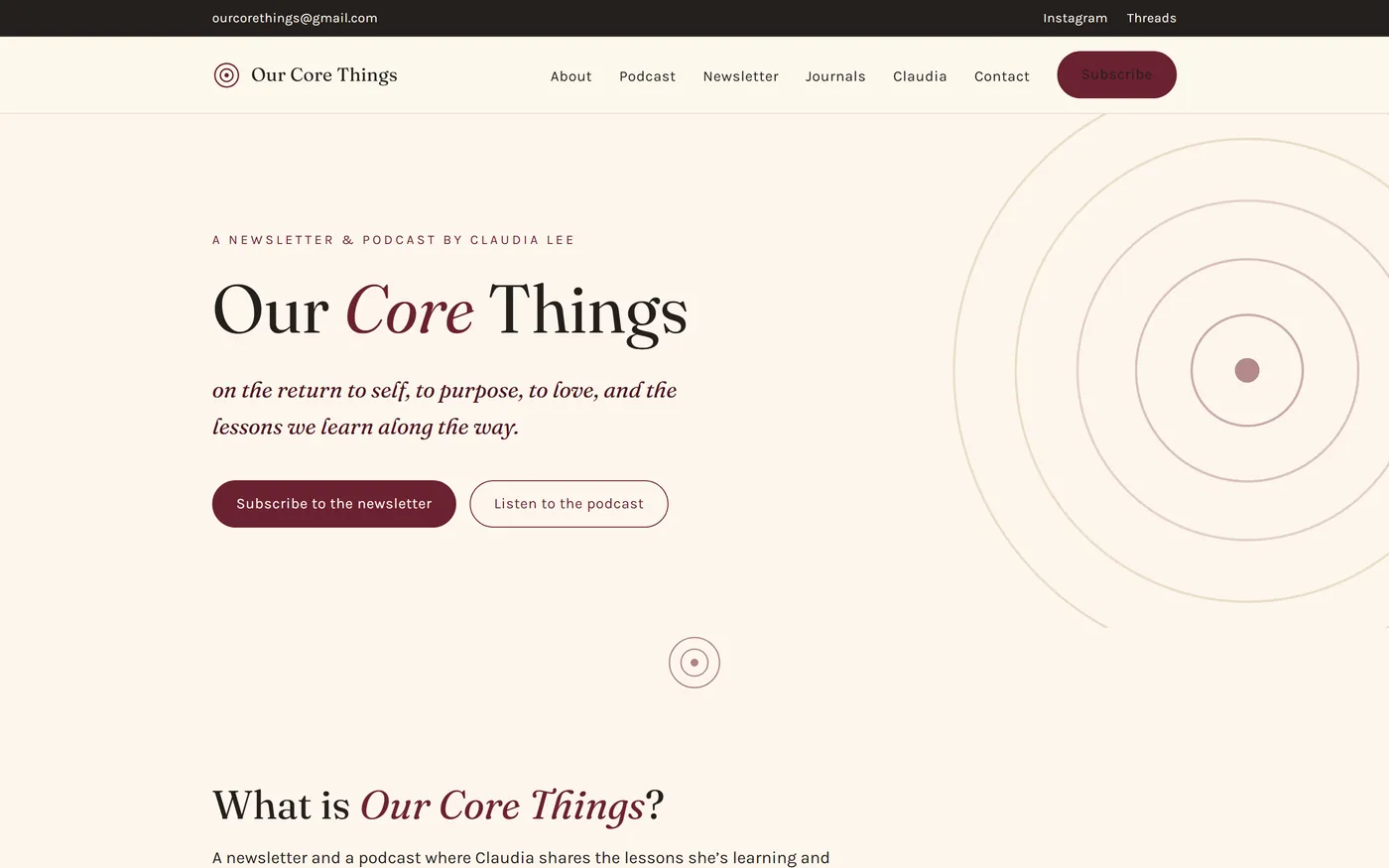 The Our Core Things homepage: the words Our Core Things set large in a serif on warm cream, beside a set of concentric rings.